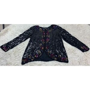 Black, Gold, Pink & Purple Vintage Beaded Silk Blouse size Medium by Jean for Jo